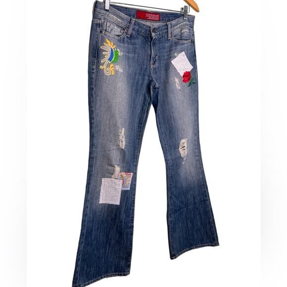Guess Jeans Flared Bootcut Low Rise Embroidered Destroyed Flared Jeans Size 28 - Picture 2 of 10
